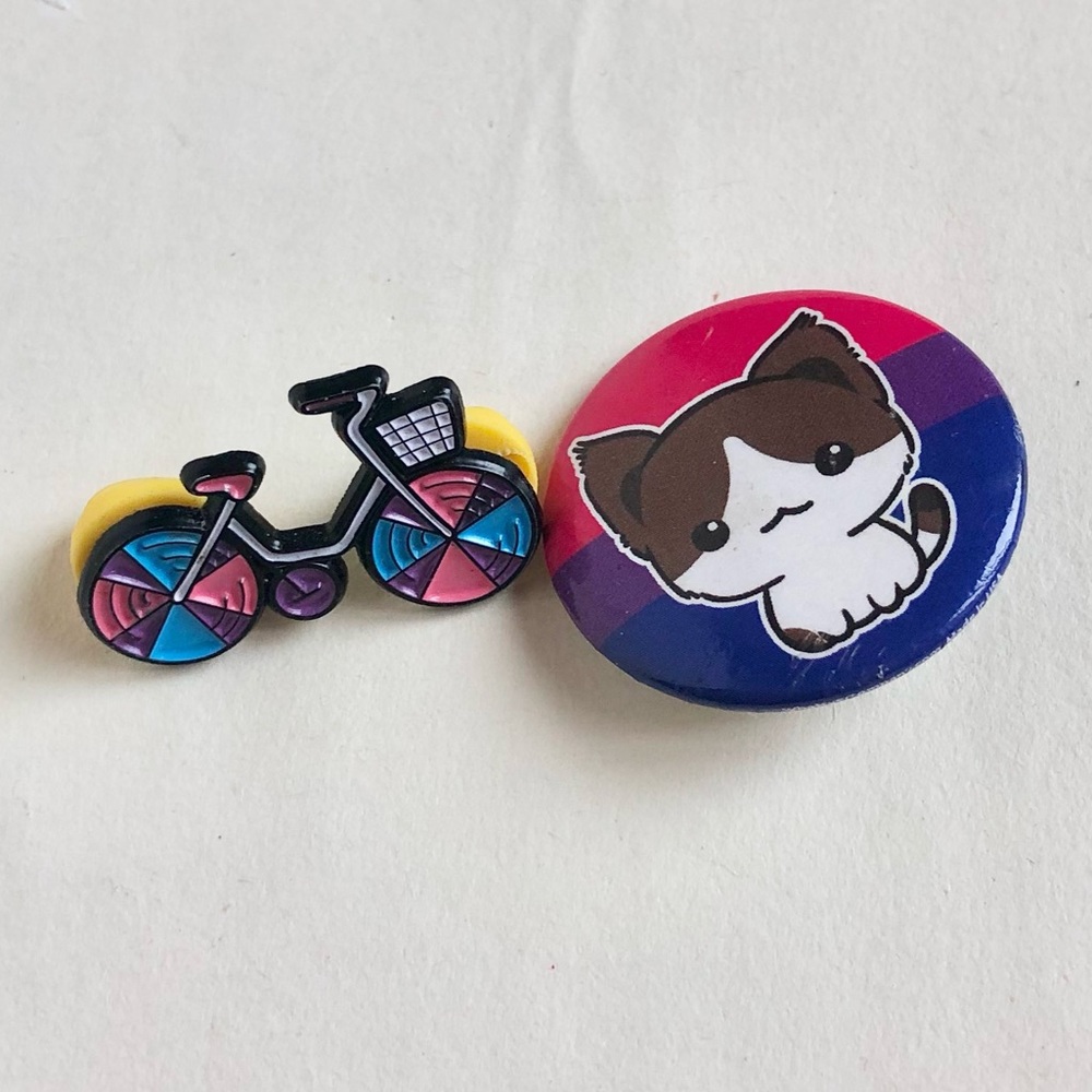 Bisexual Pride Cat and Subtle Bisexual Coloured Bike Pin 2-Pack